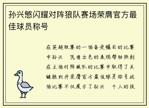 孙兴慜闪耀对阵狼队赛场荣膺官方最佳球员称号
