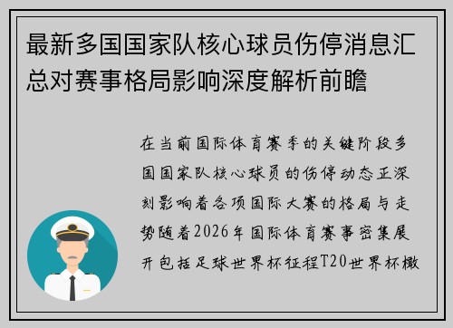 最新多国国家队核心球员伤停消息汇总对赛事格局影响深度解析前瞻